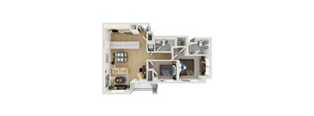 A 3D floor plan of a house with a kitchen, living room, and two bedrooms.