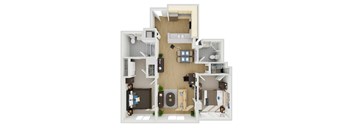 A top-down view of a house layout with multiple rooms and furniture.