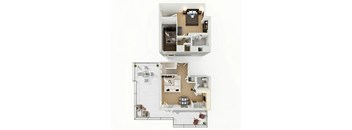 A top-down and side view of a small apartment layout.