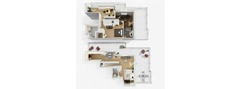 A floor plan of a two-story house with a living room, kitchen, and bedrooms.