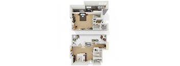 A top and bottom floor plan of a house with a living room, dining room, kitchen, and bedrooms.