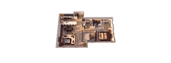 A top-down view of a house interior with a living room, kitchen, and dining area.