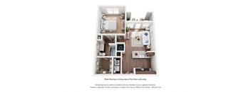 A 3D floor plan of a one-bedroom apartment with a kitchen, living room, and bathroom.