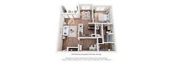 A 3D floor plan of a one-apartment with a kitchen, living room, and bedroom. in Destin FL