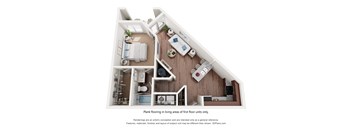 A 3D floor plan of a one-bedroom apartment with a kitchen, living room, and bathroom. in Destin FL