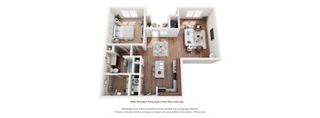 A 3D floor plan of a one-bedroom apartment with plank flooring in the living areas of the first floor units only. in DestinFL