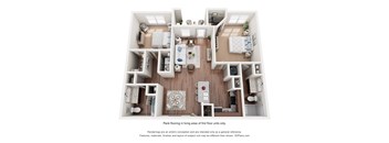 A 3D floor plan of a two-bedroom apartment with a kitchen, living room, and bathroom in Destin FL