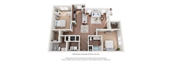 A 3D floor plan of a two-bedroom apartment with a kitchen, living room, and bathroom in Destin FL