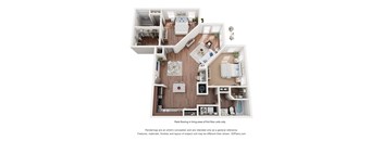 A 3D floor plan of a three-bedroom apartment with a kitchen, living room, and bathroom in Destin FL