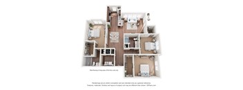 A floor plan of a three bedroom apartment with a living room, kitchen, and three bedrooms in Destin FL