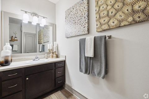 A bathroom with a white sink and a mirror above it.