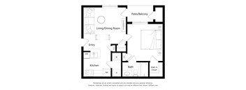 A black and white floor plan of a house with a living room, kitchen, bath, and closet.