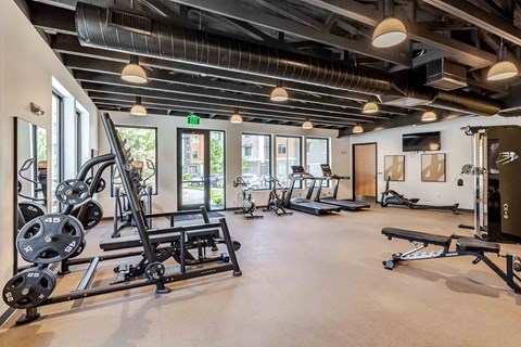 A gym with a variety of equipment including weights and treadmills.