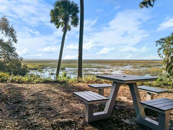 Picnic table and benches in front of a body of water with a palm tree.
