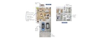 A diagram of a two-story house with labeled rooms and features.