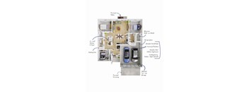 A floor plan of a house with a kitchen, living room, and two bedrooms.