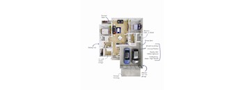 A diagram of a house layout with labeled rooms and features.