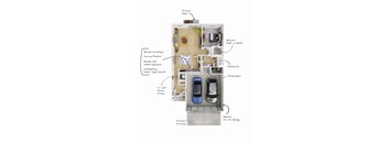 A diagram of a house layout with labeled rooms and features.