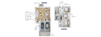 A floor plan of a two-story home with a garage and a personal driveway.