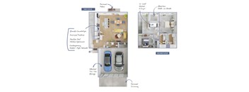 A diagram shows the layout of a two-story house with labeled rooms and features such as a garage and a second-floor balcony.