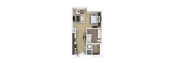 A top down view of a small apartment with a kitchen, living room and bathroom.