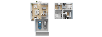 A floor plan of a two-bedroom apartment with a garage for two cars.