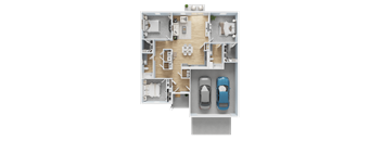 A top-down view of a house layout with two cars parked in the garage.