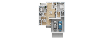 A top-down view of a house floor plan with two cars parked in the garage.