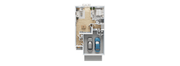 A top-down view of a house layout with two cars parked in the garage.