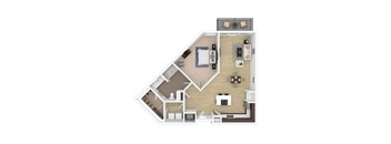 A top-down view of a two-story house with a living room, kitchen, and bedrooms.