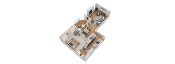 A 3D rendered image of a house layout.