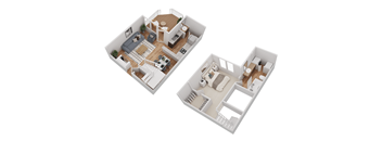 Two floor plans of a house with a living room, kitchen, and bathroom.