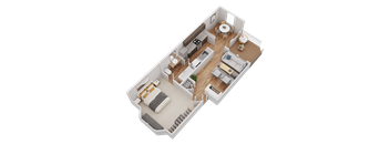 A 3D floor plan of a small apartment with a kitchen, living room, and bathroom.