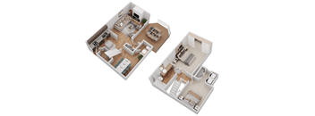 Two floor plans of a house with a living room, kitchen, and bedrooms.