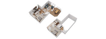 A 3D floor plan of a two-story apartment.
