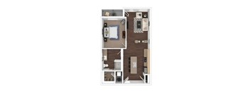 A floor plan of a small apartment with a kitchen, living room, and bedroom.
