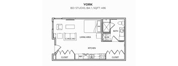 A black and white image of a floor plan for a studio apartment.