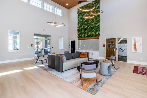 A living room with a grey couch and a green wall.