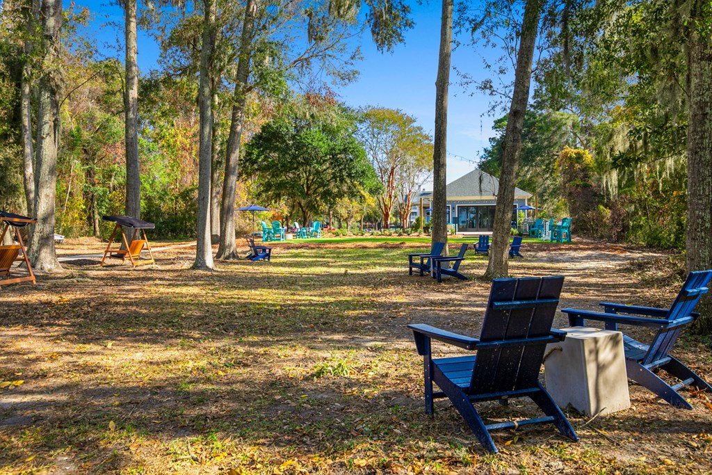 A park with blue chairs and trees.