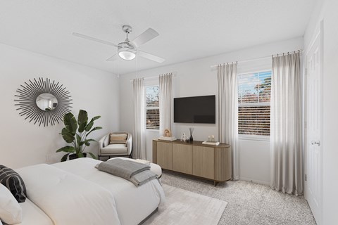 A bedroom with a large bed, a television, and a plant.