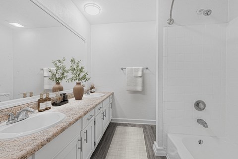 A white bathroom with a sink, mirror, and shower.