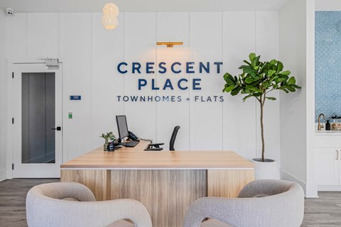 A modern office space with a desk, chairs, and a plant.