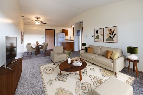 A living room with a rug and a couch.