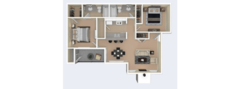 A detailed 3D floor plan of a house layout.