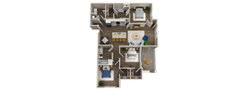 A detailed 3D floor plan of a modern apartment layout.