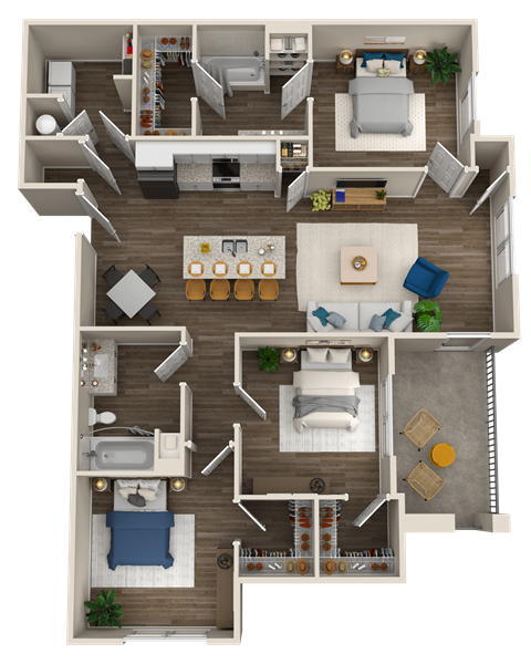 A detailed 3D floor plan of a modern apartment layout.