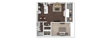 A top-down view of a living room with a couch, coffee table, and television.