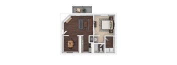 A top-down view of a small apartment with a kitchen, living room, and bathroom.