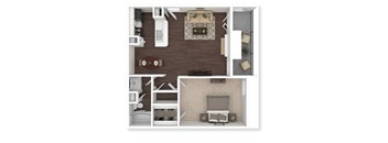 A top-down view of a living room with a couch, coffee table, and television.