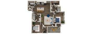 A top-down view of a house layout with a living room, kitchen, dining area, and bedrooms.